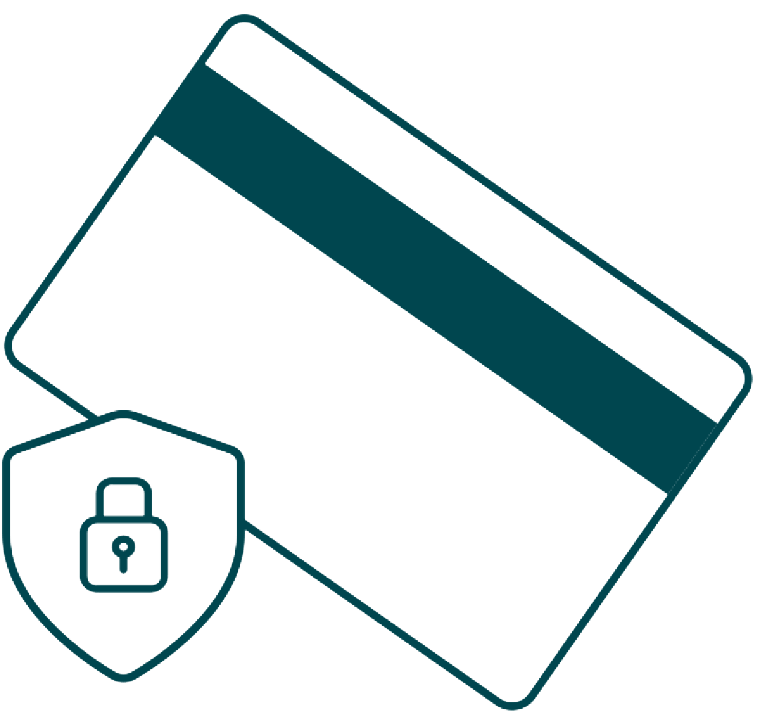 Illustration of a Mastercard® branded debit card overlaid with a security icon.