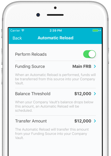 Image of dash™ mobile app, viewing the Automatic Reload screen. A toggle switch labeled "Perform Reloads" and settings for Funding Source and Balance Threshold are all visible.