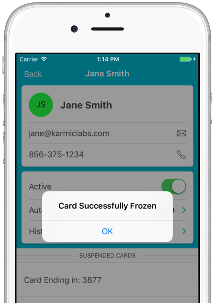 Image of dash™ mobile app, viewing a member detail screen for Jane Smith. An app notification message reads "Card Successfully Frozen."