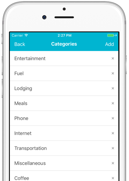 Image of dash™ mobile app, viewing the category editing screen.