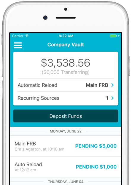 Image of phone running the BizNOW® app; screen shows the Company Vault screen with a balance of $3,538.36, Automatic Reload set to a First Republic Bank account, and a Deposit Funds button.